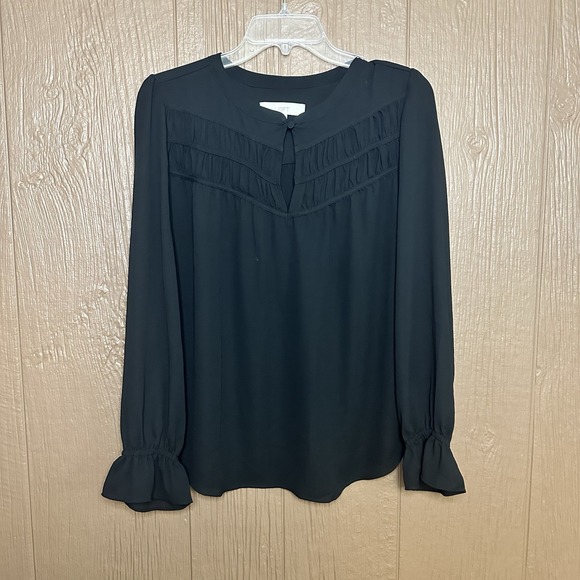 LOFT Black LS Blouse Ruffle Trim Cuff Pleated Yoke Detail M Keyhole Button - Picture 1 of 7